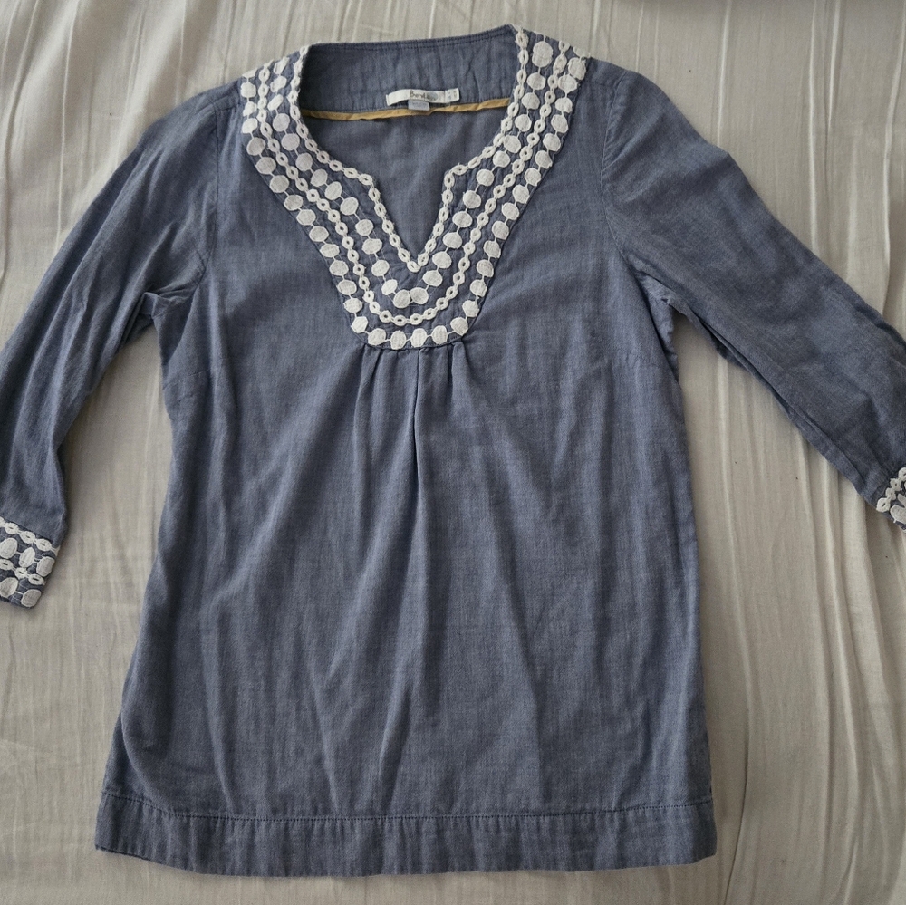 Boden Womens Chambray Long Island Tunic Top White Embroidery US 4